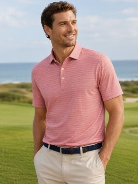 Peter Millar Cotton Linen Striped Polo Shirt Men’s Large Coral Blue Golf Coastal